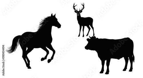 Black silhouettes of horse deer cow.