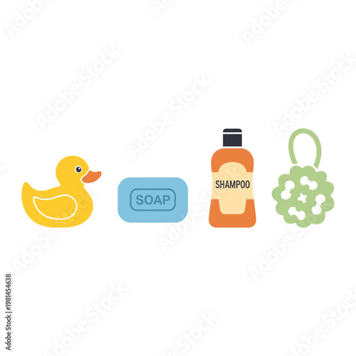 Cute Bath Time Essentials: Rubber Duck, Soap, Shampoo Bottle, and Loofah - Isolated on White