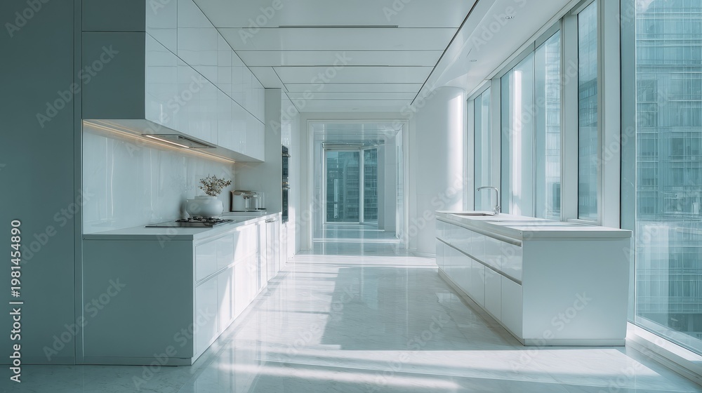 Fototapeta premium Modern Minimalist Kitchen with Large Windows and Bright Natural Light in a Contemporary Urban Setting