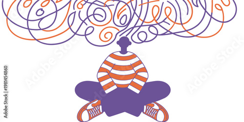 Person thinking deeply with many overlapping thought bubbles and gears in a conceptual vector illustration