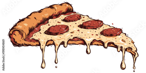 Pizza slice illustration with melty cheese, vibrant toppings, and a golden brown crust on a clean white background