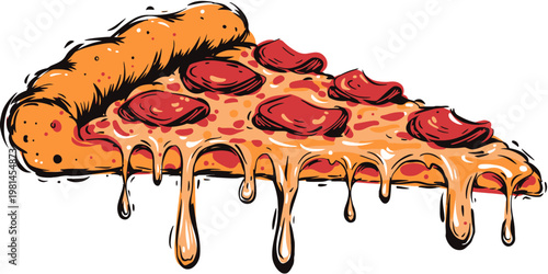 Pizza slice illustration with melting cheese and pepperoni topping, colorful and appetizing vector graphic for food and culinary themes.