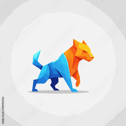 Geometric low poly dog or wolf illustration with vibrant orange and blue colors on a light background
