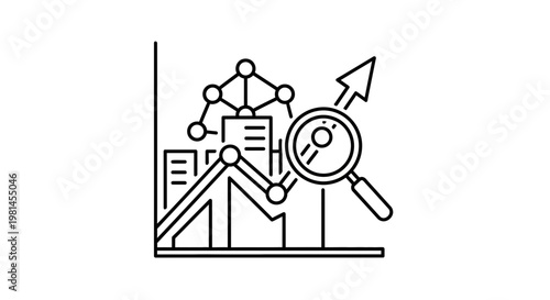 Data Analysis and Growth Chart with Magnifying Glass and Network Icon