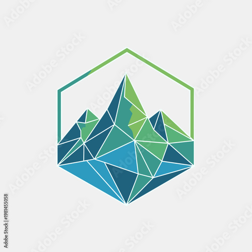Geometric mountain range illustration framed by a hexagon