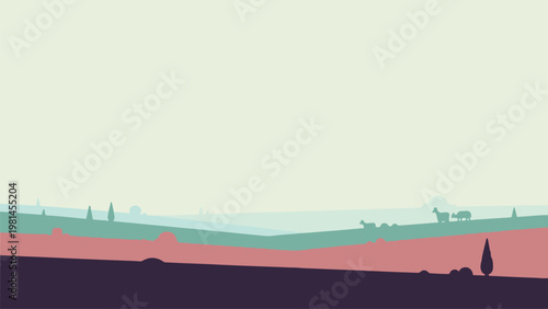 spring landscape with rolling hills and trees in illustrations