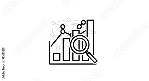 Data Analysis Icon: Magnifying Glass Over Bar Chart and Network Graph