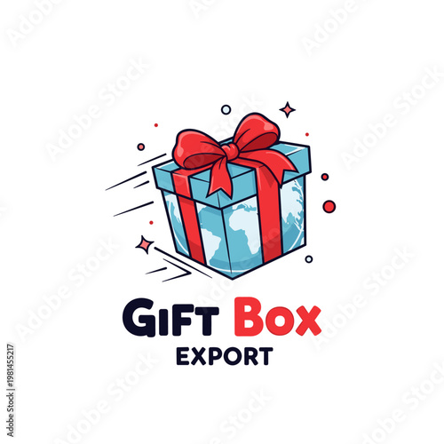 Gift box with world map design and red ribbon for global export concept