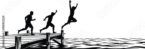 Silhouette of group of friends jumping off wooden pier into water for summer vacation fun outdoor activity and healthy lifestyle.
