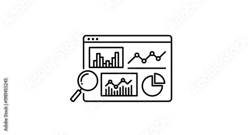 Data analysis dashboard with charts, graphs, and magnifying glass icon