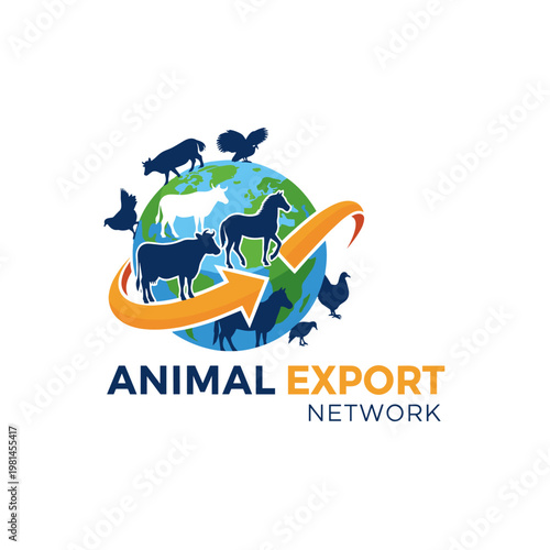 Global animal export network logo featuring livestock and birds on a world map with a circling orange arrow