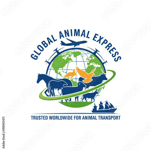 Global animal logistics logo with cargo ship and world globe illustration