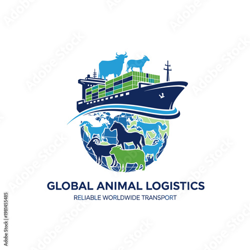 Global animal logistics company logo featuring a cargo ship, globe, and various farm animals