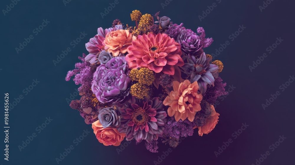 Obraz premium Wedding bouquet with flowers, flat design, top view, 3D render, Triadic color scheme, elegant and spooky arrangement.