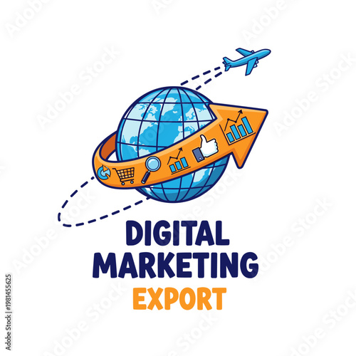 Global digital marketing export concept with globe airplane and business icons