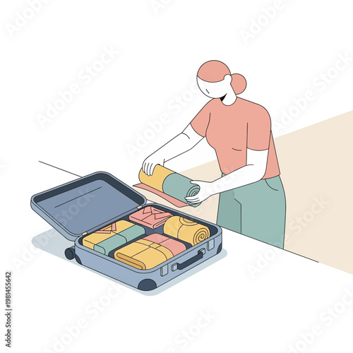 Woman Packing Clothes Neatly into Suitcase for Travel.