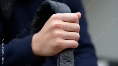 Person holding gray strap or handle.
