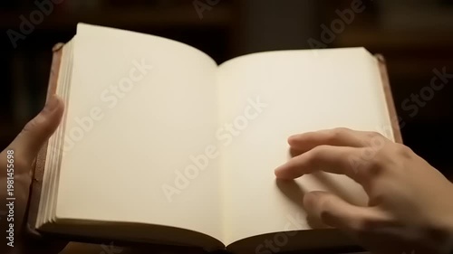 Person holding open book with blank pages.