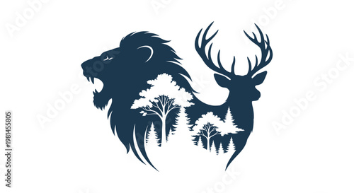 Lion and Deer Heads Combined Silhouette.