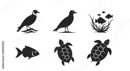 Black silhouettes of sea creatures animals.