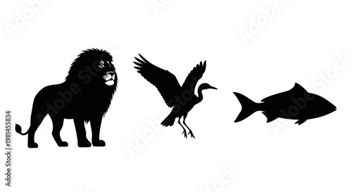 Lion Bird Fish Silhouette Wildlife Trio.