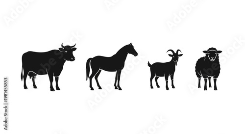 Silhouettes of farm animals standing together.