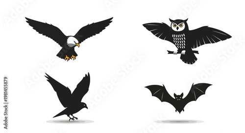 Black silhouettes of flying nocturnal birds.