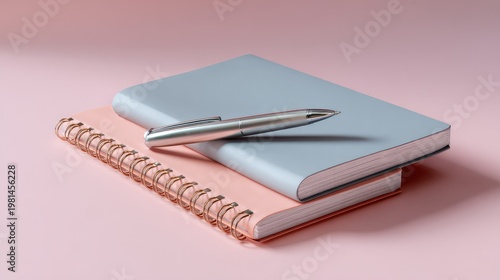 Stylish stationery setup featuring a silver pen on top of a stack of pastel notebooks in a soft pink background for creative inspiration and organization