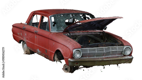 Фотография Old red car in need of repair and restoration