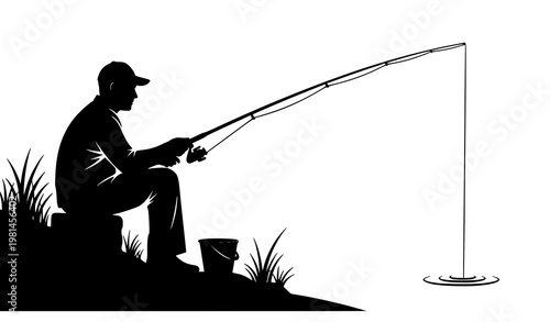 Lakeside fishing man silhouette sitting on shore with rod peaceful outdoor activity vector design