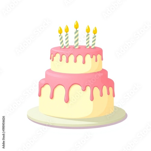 Two tiered birthday cake with pink frosting and candles