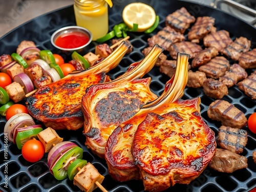 Delicious grilled pork chops and skewers cooking on a barbecue grill