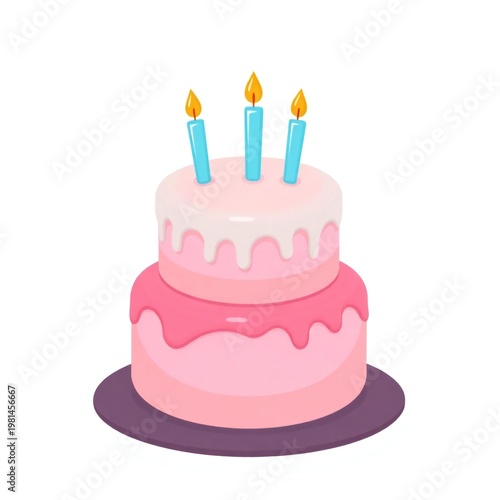 Two tier pink birthday cake with blue candles and drips