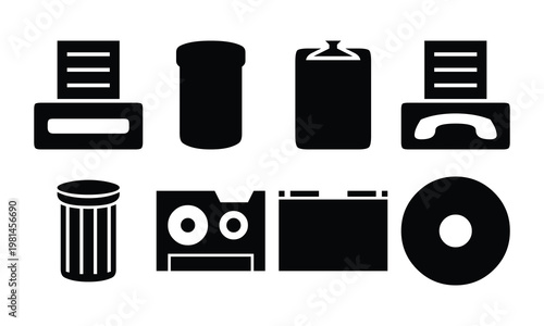 Black Filled Silhouette Icons Set: Printer Output, Cylinder Can, Clipboard Handle, Telephone Receiver, Trash Bin, Floppy Disk, Battery Pack, Compact Disc