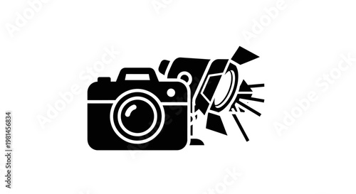 Black and white camera icon graphic.