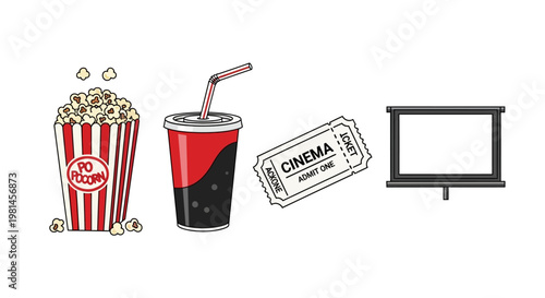 Cinema movie popcorn bucket and soda.