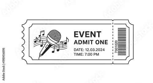 Ticket stub with microphone and music.