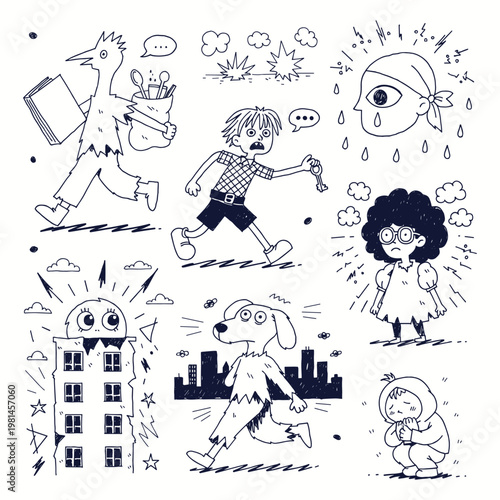 Childhood Trauma and War Victim Doodle for Poverty Homelessness Social Inequality and Refugee Crisis Awareness