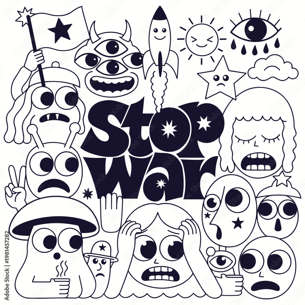 Obraz premium Hand Drawn Y2K Anti War Stop War Peace Slogans Vinyl Record Character and Hippie Skull for Streetwear Stickers