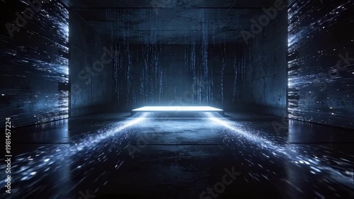 Sci fi futuristic room with glowing floor and concrete walls
