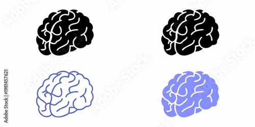 Four stylized brain illustrations in black and blue tones
