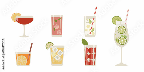 Collection of colorful summer cocktails and refreshing drinks with fruit