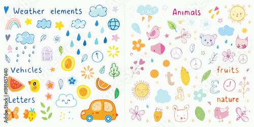Colorful hand drawn illustrations of weather animals vehicles and nature