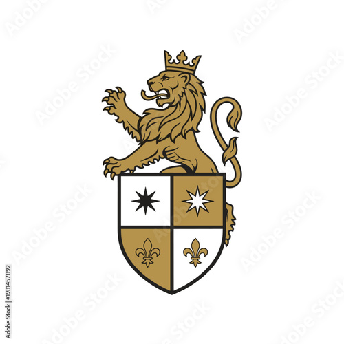 Golden crowned lion standing rampant on a quartered heraldic shield with stars and fleur de lis symbols