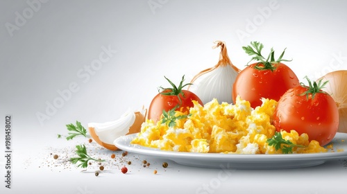 Fluffy cooked eggs with fresh tomatoes and onions are presented on a plate with scattered spices