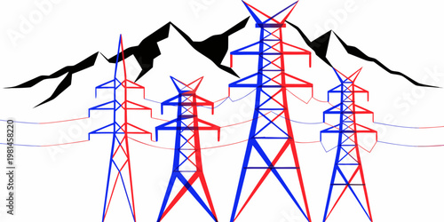 Abstract red and blue dual tone graphic of electrical pylons in mountainous region with electricity transmission infrastructure abstract landscape mountain illustration technology engineering