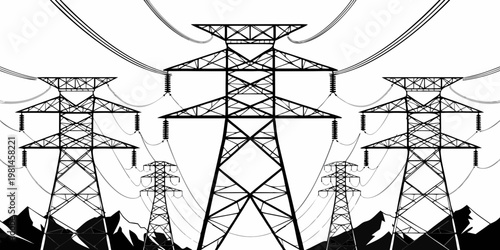 High voltage electrical power lines and transmission towers illustration with electricity transmission infrastructure distribution engineering silhouette technological electrical background