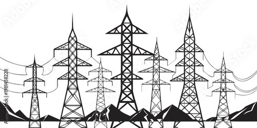 Black and white vector illustration of electrical transmission towers in a mountainous landscape with electricity transmission infrastructure industrial landscape distribution engineering