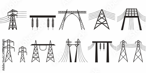 Set of ten high voltage electrical power transmission tower icons with electricity transmission electric infrastructure industrial silhouette elements distribution technology construction