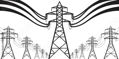 High voltage transmission towers connected by power lines illustration with electricity transmission infrastructure electric distribution silhouette industrial engineering technology resource